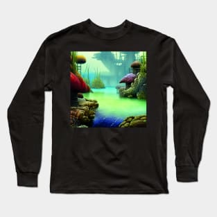 Landscape Painting with Tropical Plants and Lake, Scenery Nature Long Sleeve T-Shirt